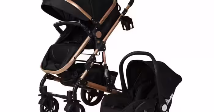 کالسکه کریر انجل بیبی رنگ مشکی با ساک لوازم و گرم کن پای کالسکه و بدنه رزگلد  angel baby