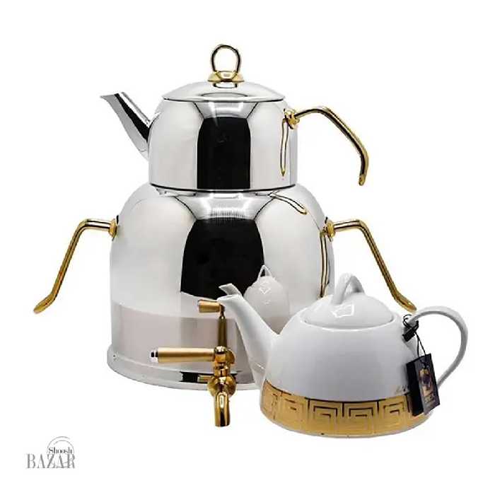 کتری استیل با دو قوری ام جی اس یراق طلایی کد 41013