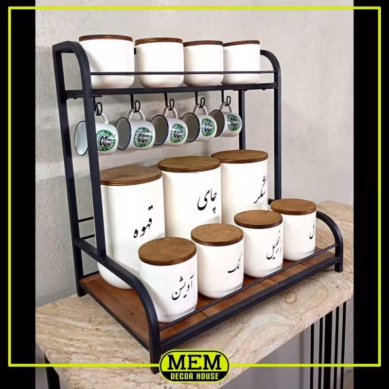 استند بانکه آویزدار دوطبقه استند ادویه فلزی شلف فلزی نظم دهنده آشپزخانه استند فلزی دوطبقه آویزدار استند ادویه جهیزیه عرو
