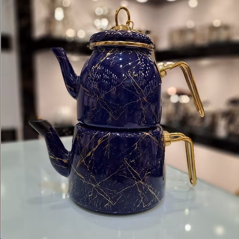 ست کتری قوری ترک مدل پاچی سرمه ایی رگه طلایی