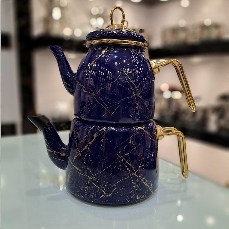 ست کتری قوری ترک مدل پاچی سرمه ایی رگه طلایی