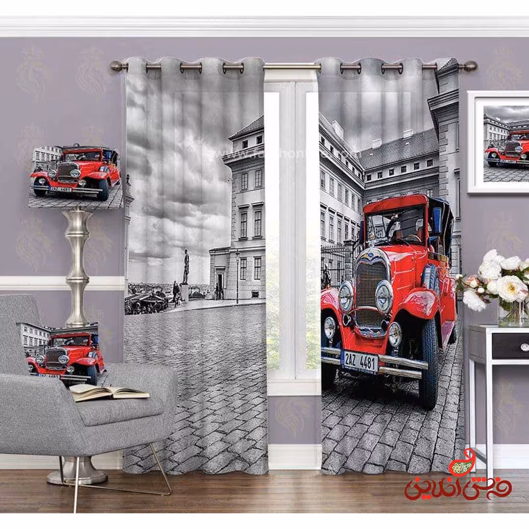 پرده مدرن کد 3603  طرح ماشین قرمز کلاسیک