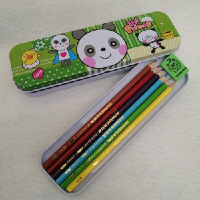 جامدادی فلزی دو طبقه به همراه مداد رنگی دایناسور 6 رنگ و پاک کن