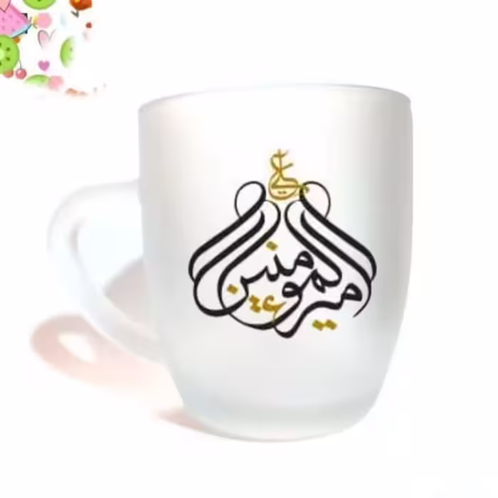 102731-لیوان شیشه ای مذهبی دسته دار مات علی امیرالمومنین ع طرح گنبد-در3 رنگ