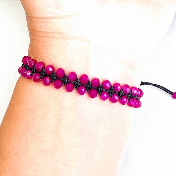 دستبند دو ردیفه کریستال سایز 4 (دستساز) بسیار خوش رنگ با بافت کشویی