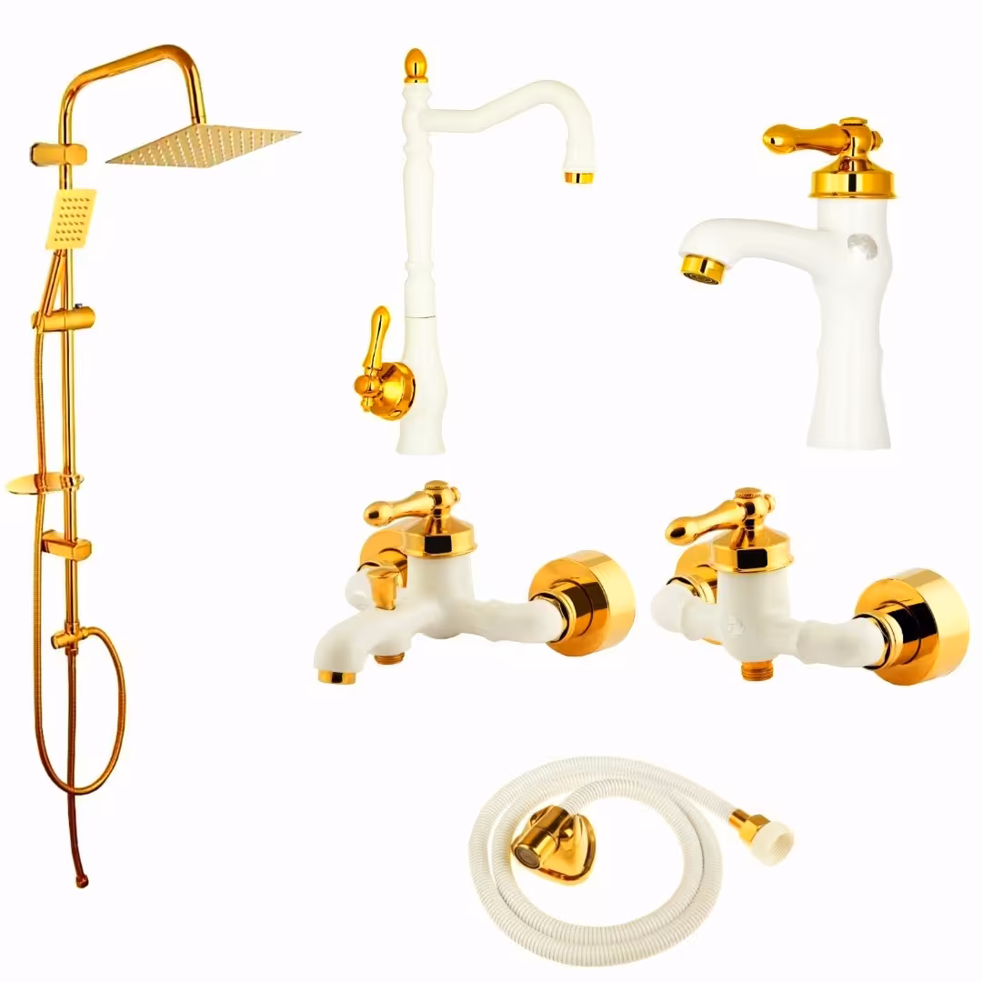 ست شیرآلات رز مدل ویکتوریا رویال سفید طلایی مجموعه 6 عددی به همراه علم دوش دوکاره تمام استیل و شلنگ توالت 