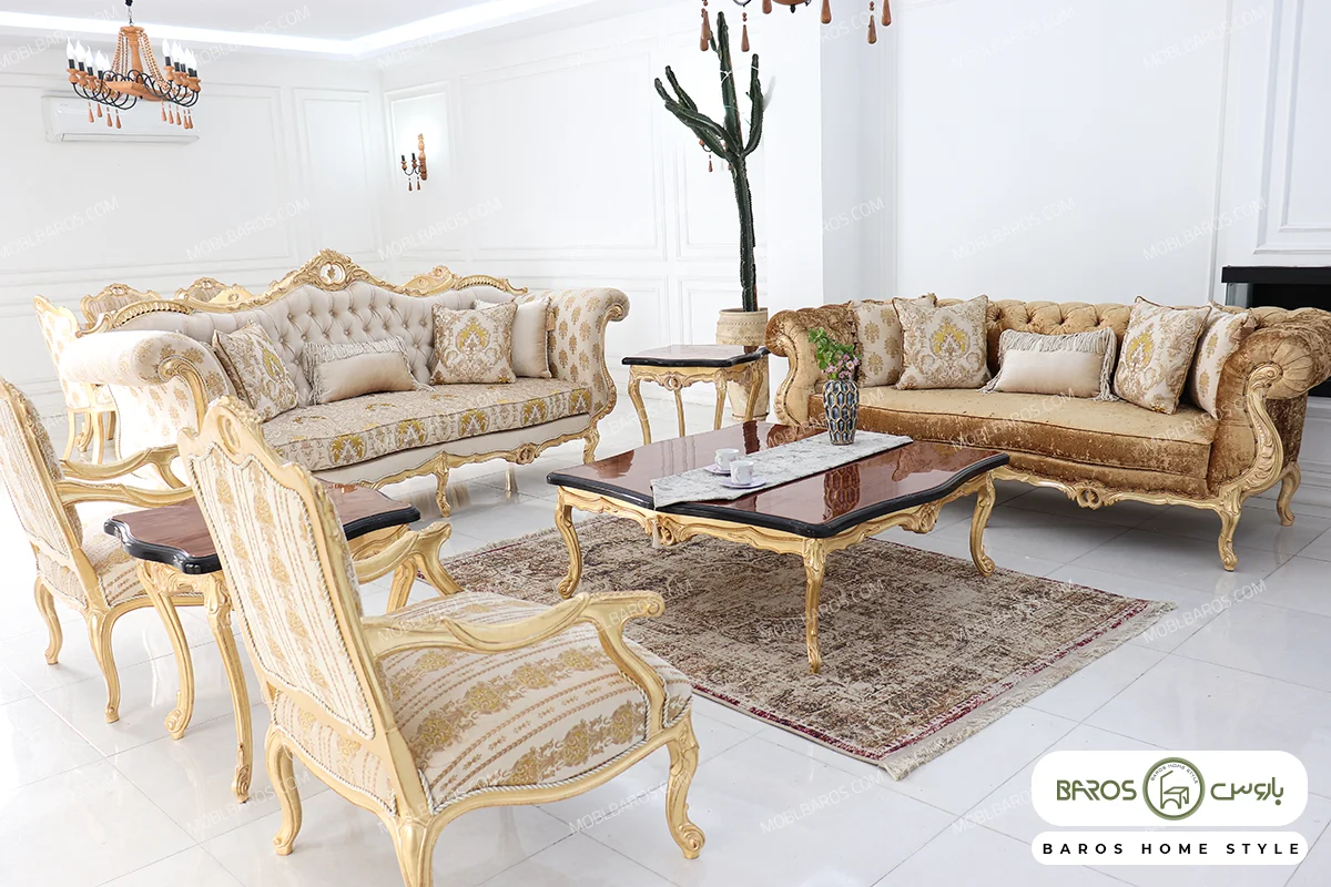 مدل مبل سلطنتی کلاسیک جدید رنگ طلایی دریتا