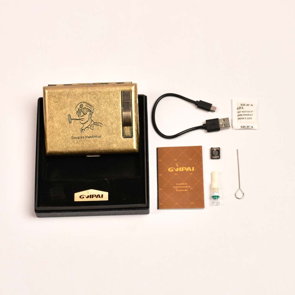 جعبه سیگار فلزی فندک دار جنس بدنه استیل نوع احتراق الکتریکی نوع سوخت شارژ با کابل USB نوع شعله المنتی