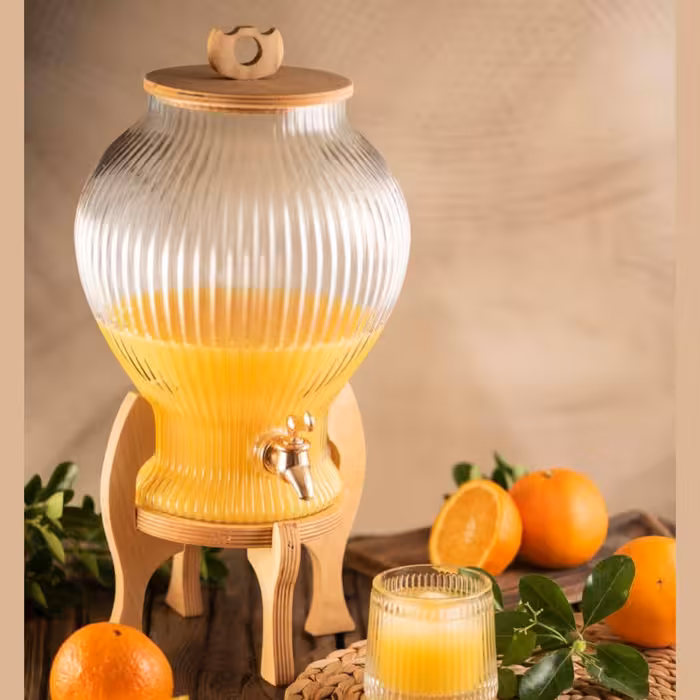 کلمن شیشه ای  6لیتری پایه چوب شیاردار مدل الگانس کد 75 کاملا قابل شستشو با چوب پلی وود