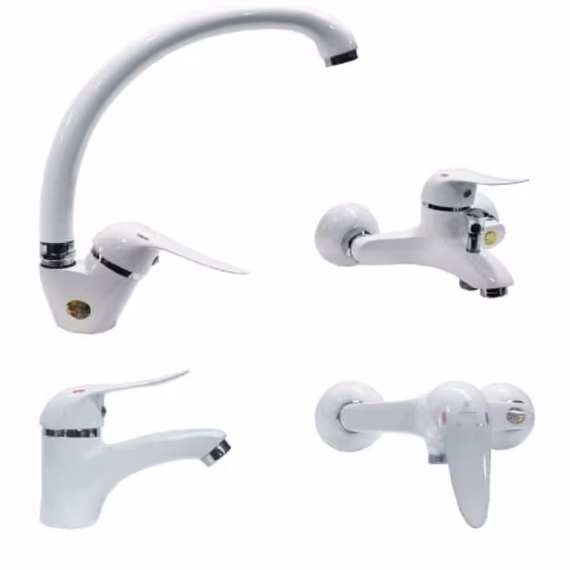 ست شیرالات ست کامل شیرالات رنگ سفید کروم جنس درجه 1 و استاندارد و دارای نشان کیفیت ایزوو 9001