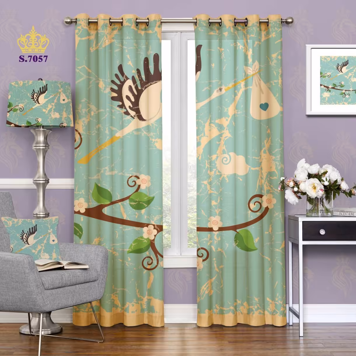 پرده اتاق خواب کودک دو قواره پانچ طرح اتاق خواب زمینه پرنده کد S7057