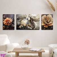 تابلو شاسی بکلیت طرح نقاشی مدرن رنگ روغن گل و اسب مدل SH-1612 مجموعه 3 عددی