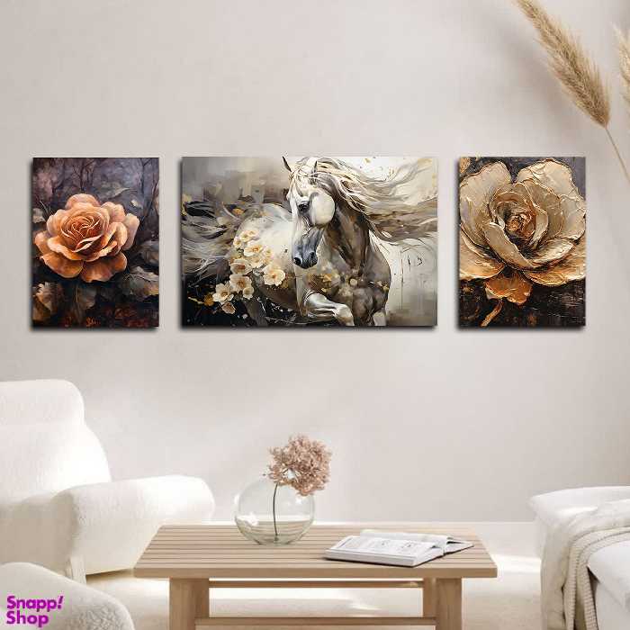 تابلو شاسی بکلیت طرح نقاشی مدرن رنگ روغن گل و اسب مدل SH-1612 مجموعه 3 عددی