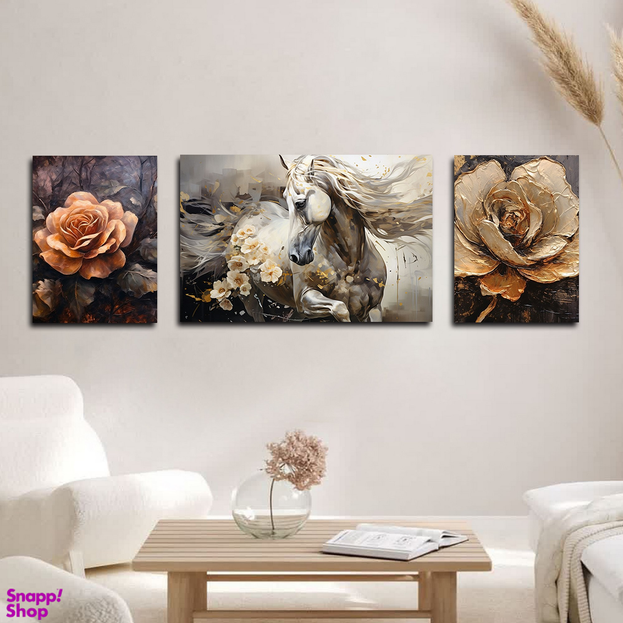 تابلو شاسی بکلیت طرح نقاشی مدرن رنگ روغن گل و اسب مدل SH-1612 مجموعه 3 عددی