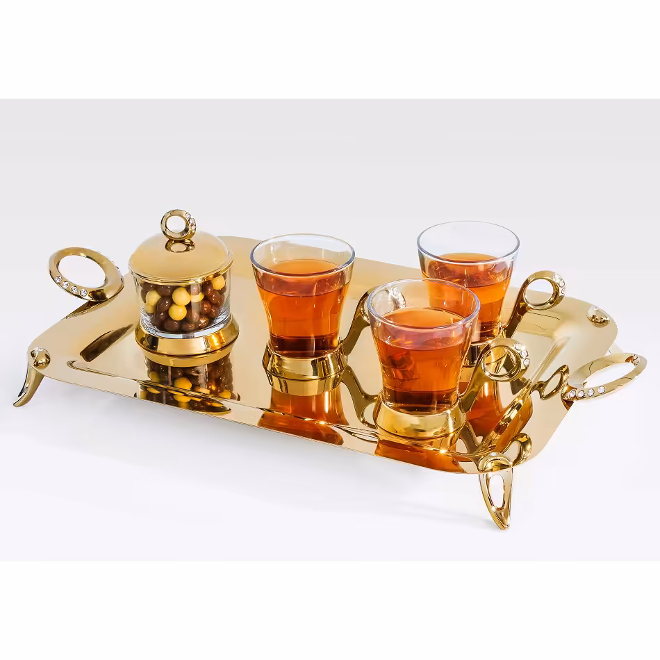 سرویس چایخوری تک استیل مدل نگین دار (طلایی براق)