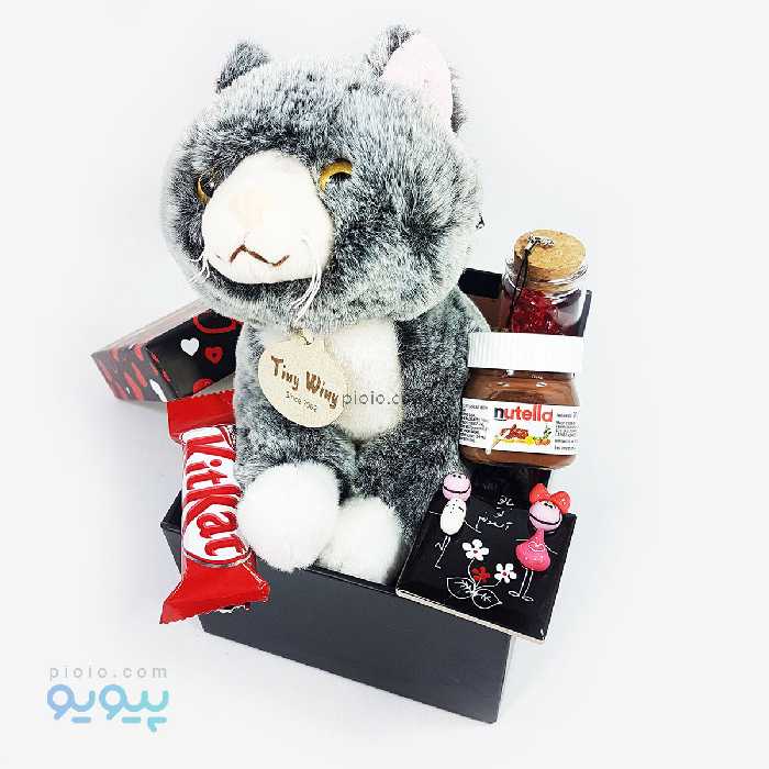 پکیج کادو ولنتاین با عروسک گربه ملوس ارتفاع 20 سانتی متر