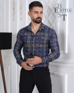 پیراهن مردانه چهارخونه دنیم کش آستین بلند کد:B3