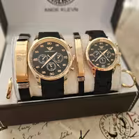 ست ساعت زنانه و مردانه آرمانی دو عدد دستبند چرم و دو تا حلقه به همراه جعبه کادویی 