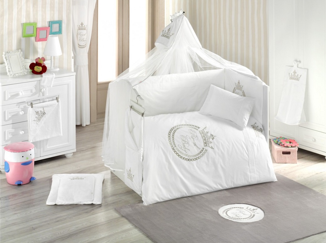 سرویس 9 تکه لحاف کودک کیدبو مدل رویال تمام سفید | Kidboo royal white VIP