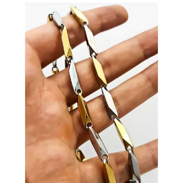 زنجیر استیل کبریتی دو رنگ با دستبند استیل رنگ ثابت بدون حساسیت