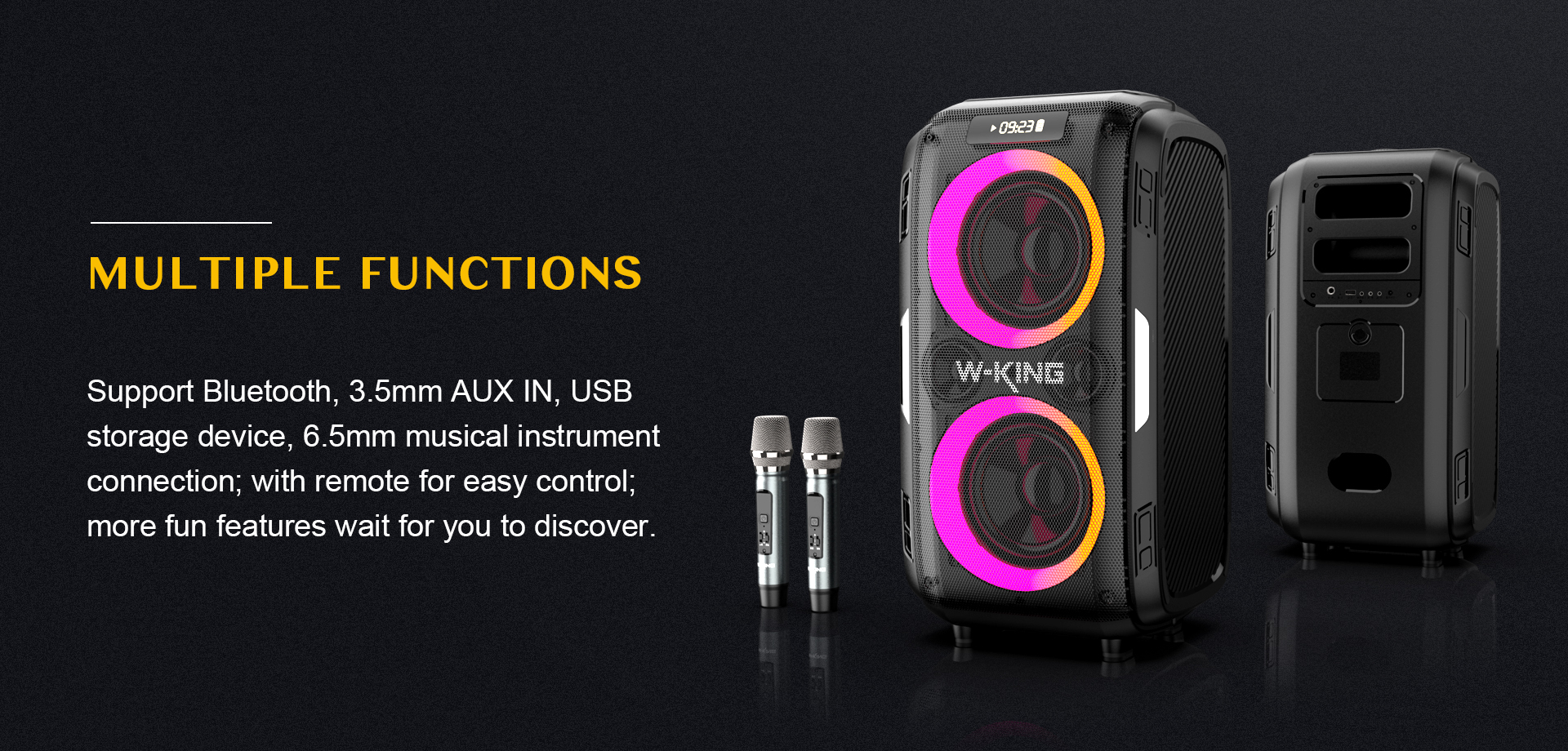 اسپیکر بلوتوث دبلیو کینگ W-King T9 Pro توان 100 رم و فلش خور با 2 میکروفون