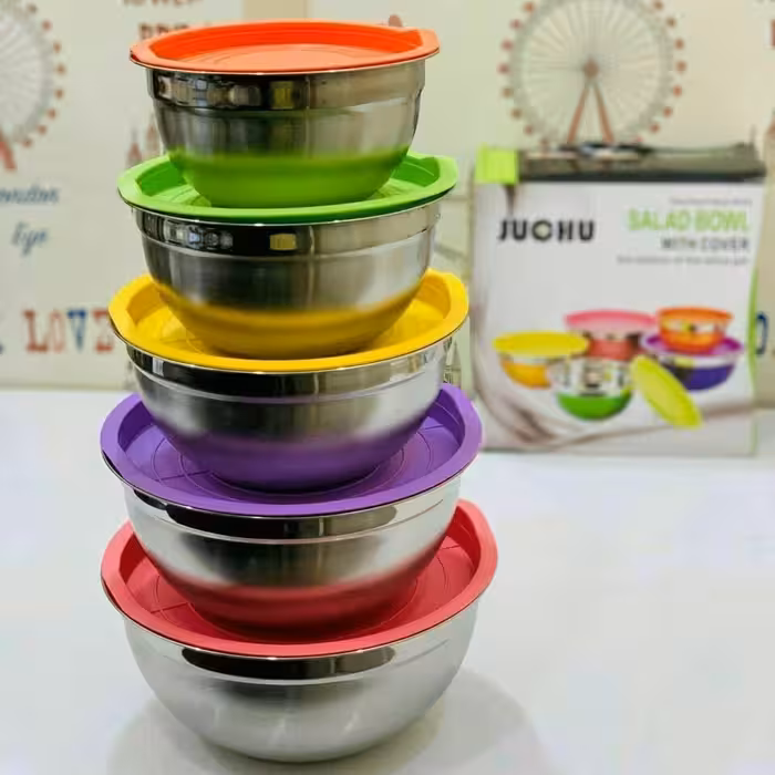 لگن استیل 5تایی درب رنگی استیل ضدزنگ و درب سیلیکون