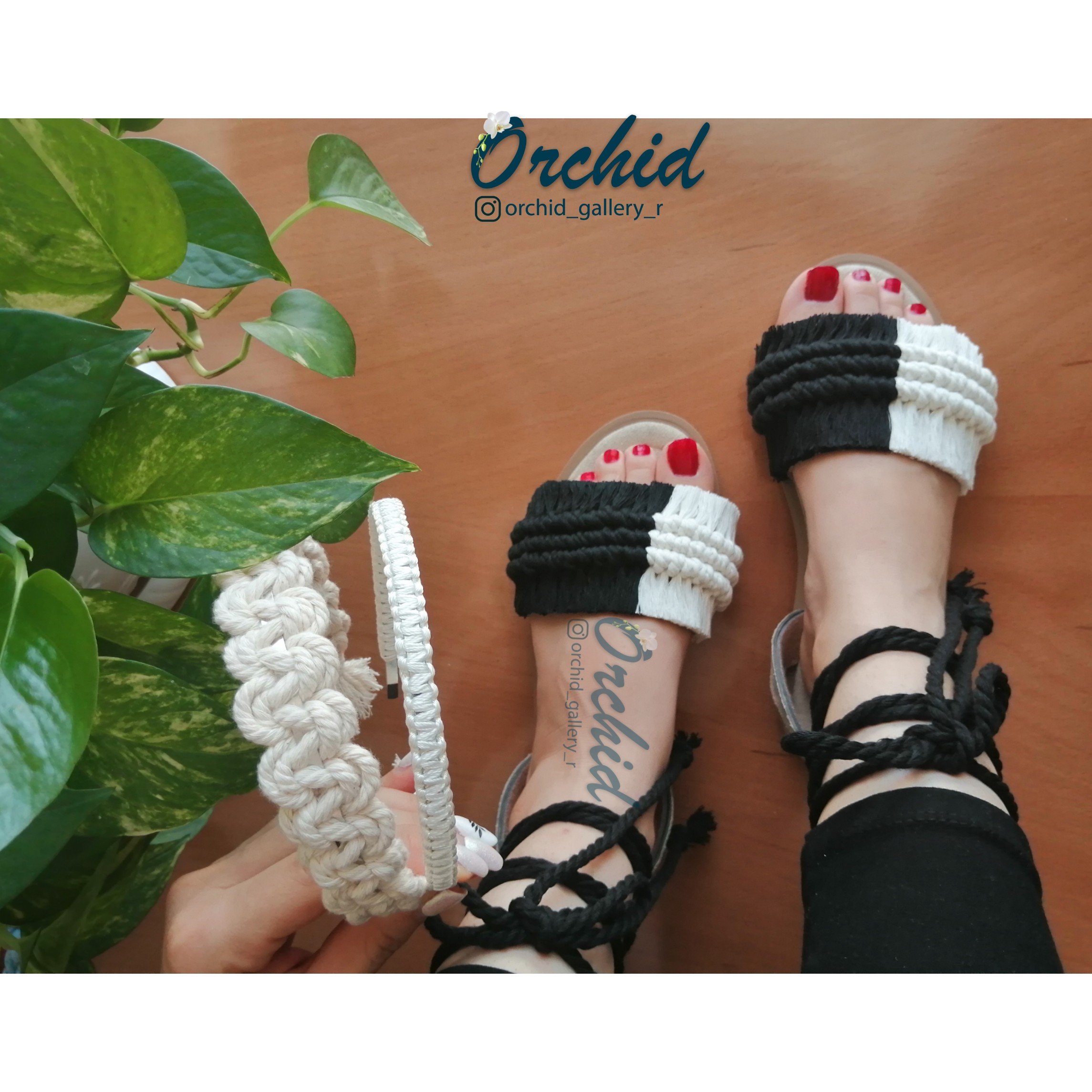 صندل مکرومه رکابدار سفید مشکی
