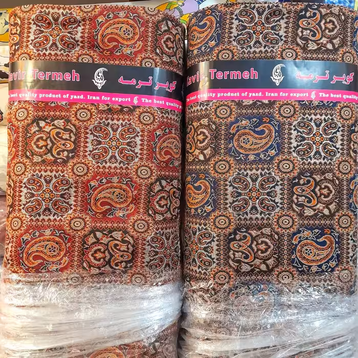پارچه ترمه پشت صاف 150 عرض ، برند کویر ترمه ، زریدار  طرح چهارخورشید ، در رنگ های مختلف