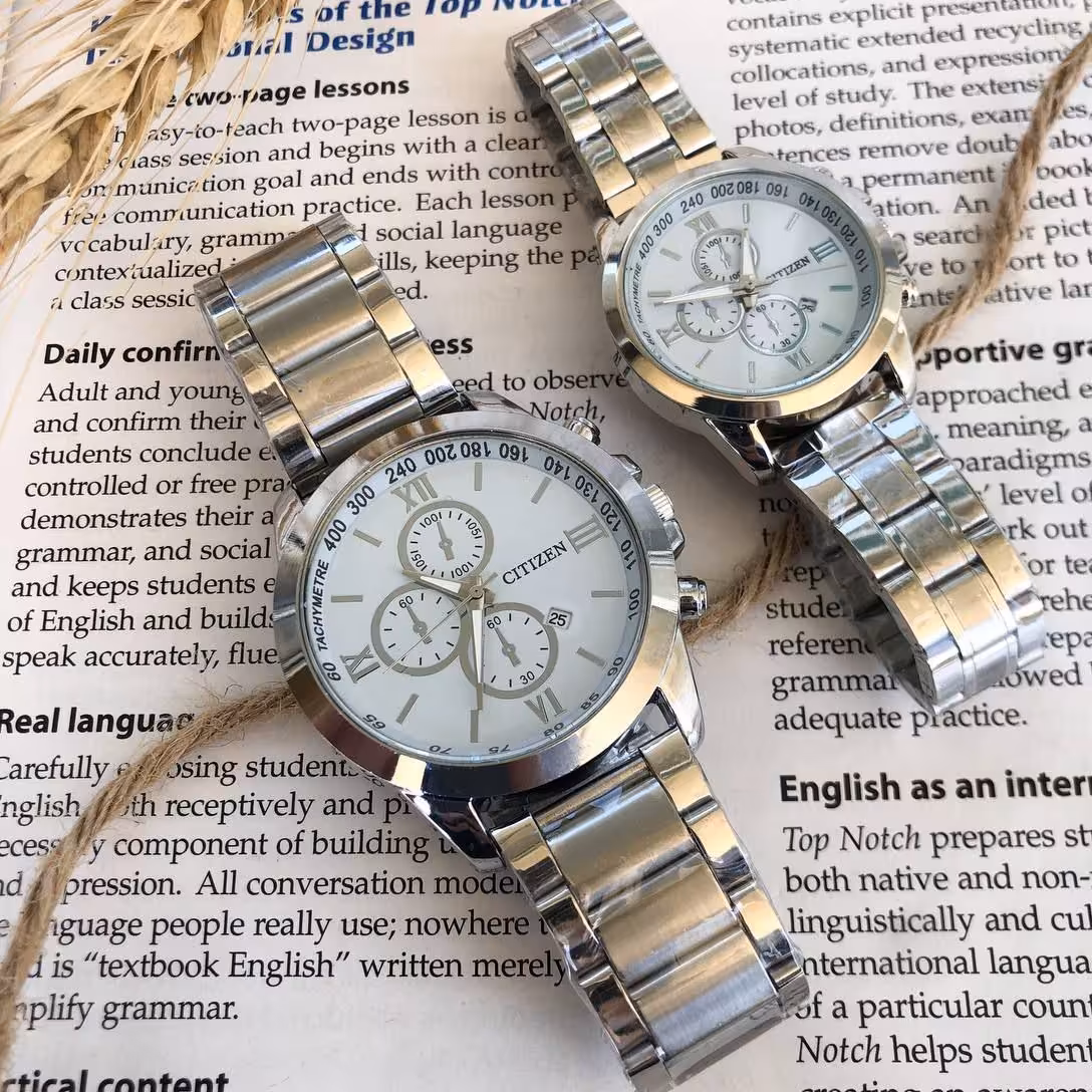 ست ساعت زنانه و مردانه مارک سیتیزن بنداستیل نقره ای صفحه سفید