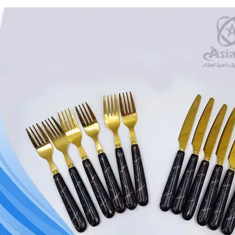 چنگال میوه خوری  دسته مشکی استیل طلایی طرح ماربل  