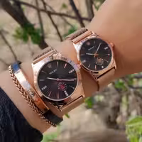 ست ساعت زنانه مردانه بند استیل حصیری رزگلد قفل آهنربایی رولکس