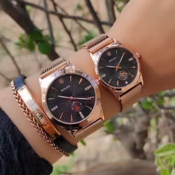 ست ساعت زنانه مردانه بند استیل حصیری رزگلد قفل آهنربایی رولکس