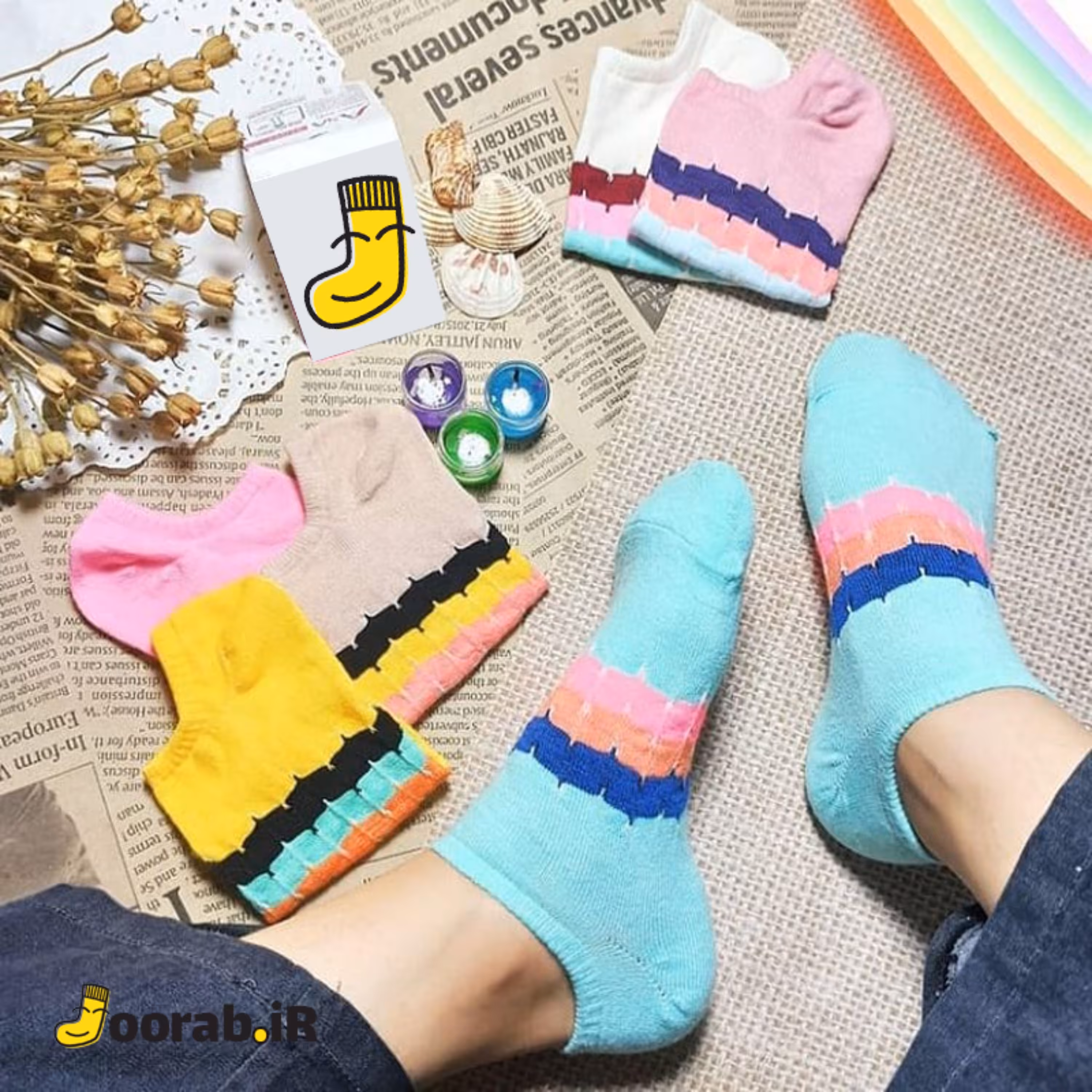 جوراب مچی سبزآبی با طرحهای برجسته رنگی