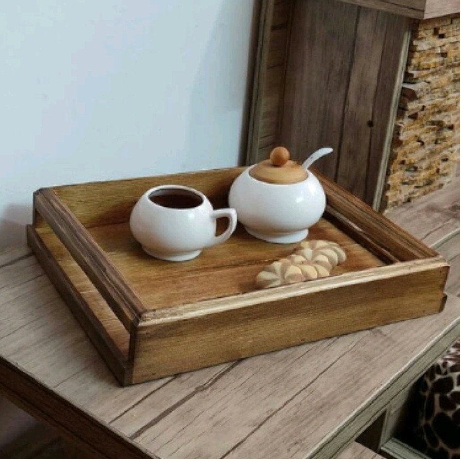 سینی دسته دار چوبی رنگ قهوه ای چوب روس ضد آب پوشش روغن گیاهی