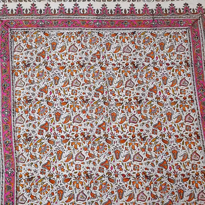 سفره ورومیزی قلمکاری سنتی سایز 1در1متر صورتی طرح گل شیپوری