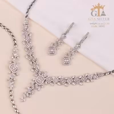 سرویس نقره زنانه مدل امرالدکات قالب جواهر تایلندی کد 38042