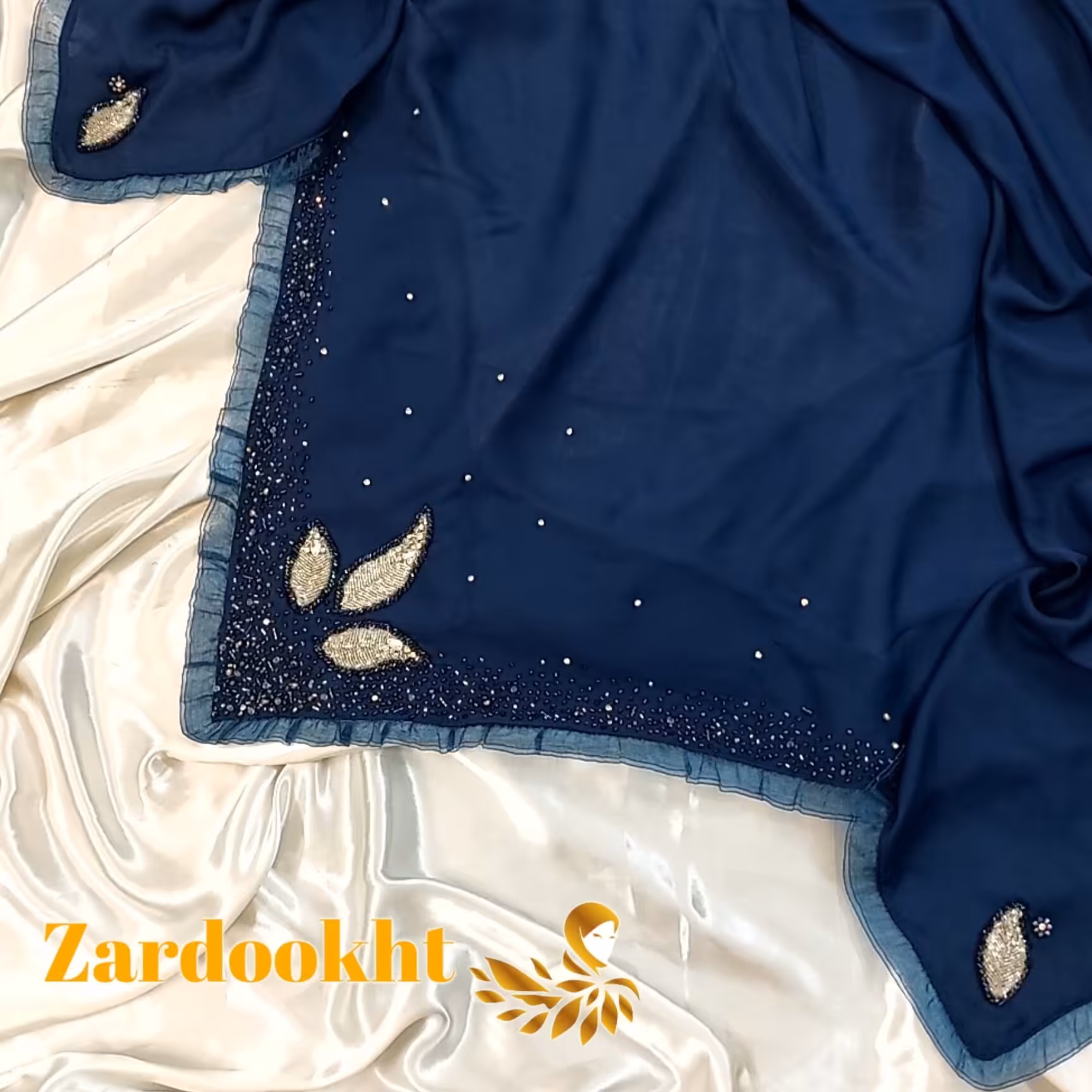 روسری کرپ حریر مجلسی قواره120  مجلسی جواهردوزی سرمه ای