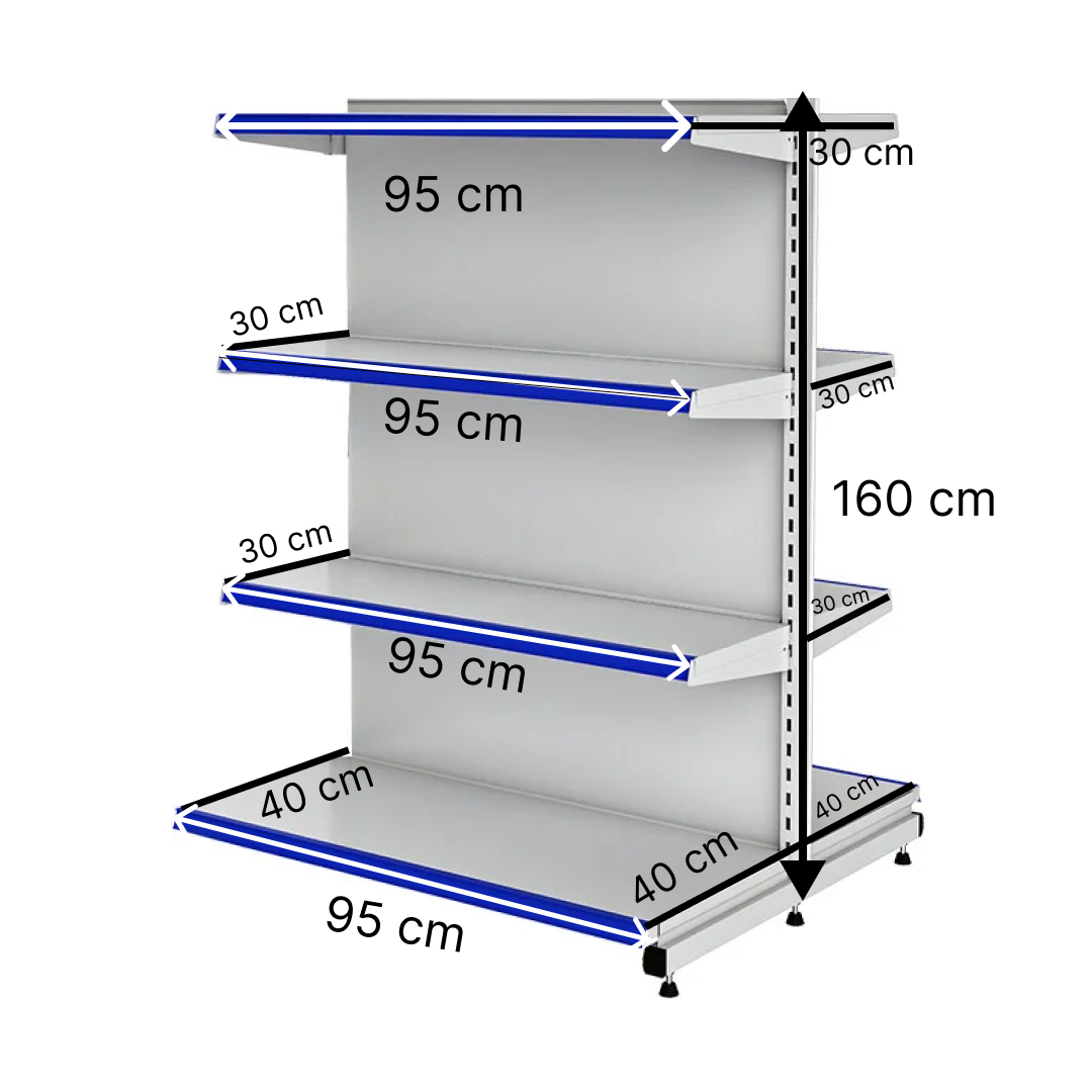 خرید و قیمت قفسه هایپری دو طرفه 4 طبقه 95x30 کف 40 ارتفاع 160 - قفسه‌بندی وکیلی