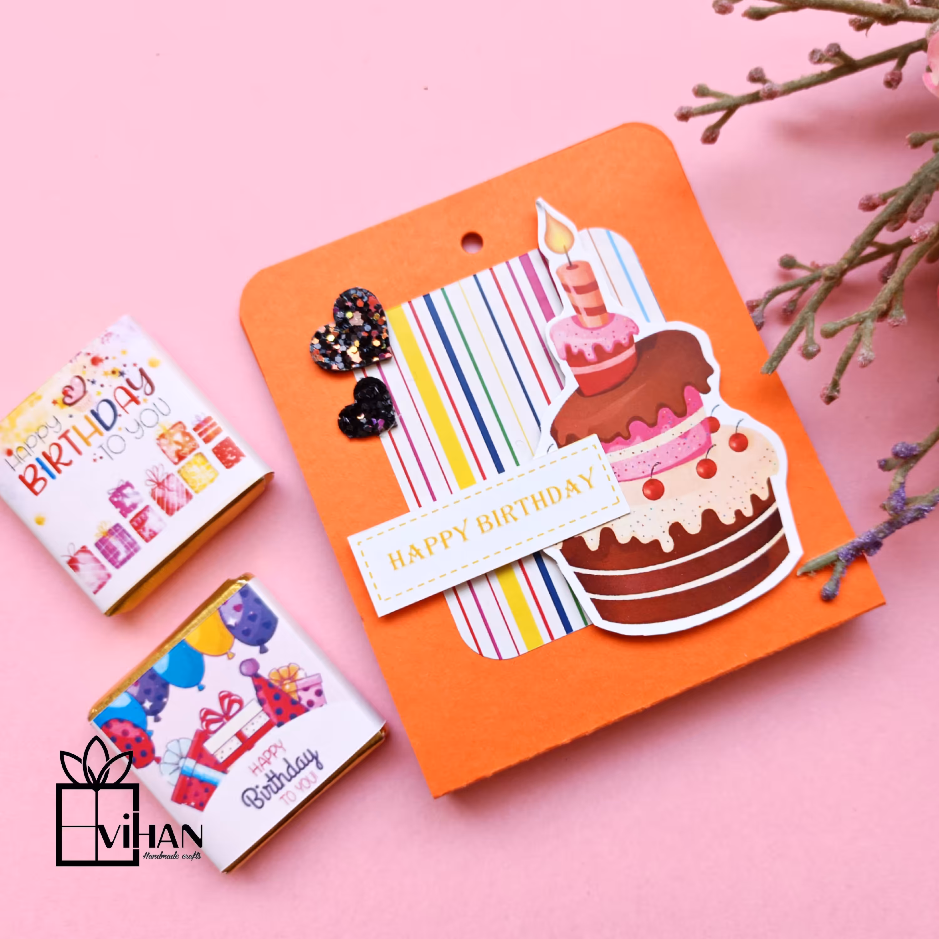 گیفت شکلات دوتایی تبریک تولد با کاور مقوایی تزیین شده با طرح برجسته 