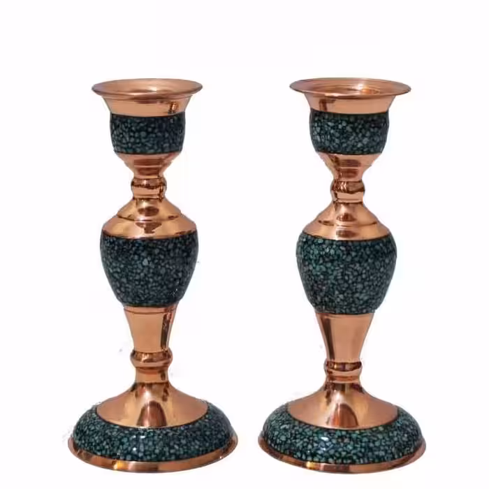 شمعدان فیروزه کوبی 20 سانتی پک دو عددی صنایع دستی سایروس شمعدان مس و فیروزه کوبی نیشابور 