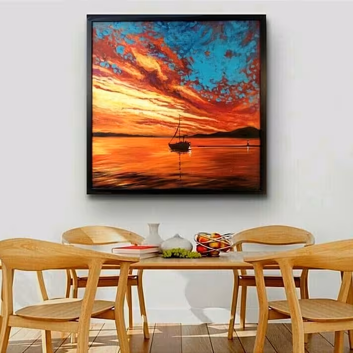 تابلو نقاشی منظره دریا  و غروب  روی بوم 