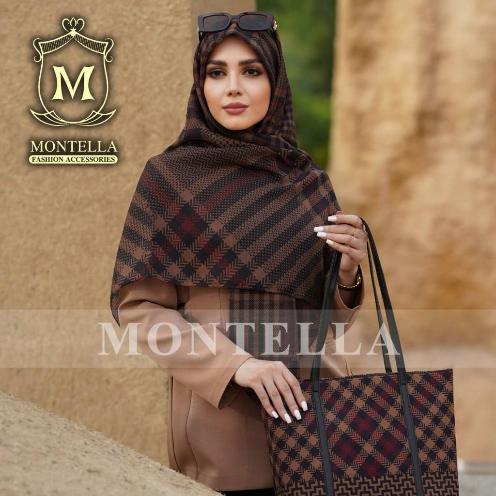 ست کیف مخمل و روسری نخی برند مونتلا طرح تارتان چند تکه عنابی(ارسال به سراسر کشور)