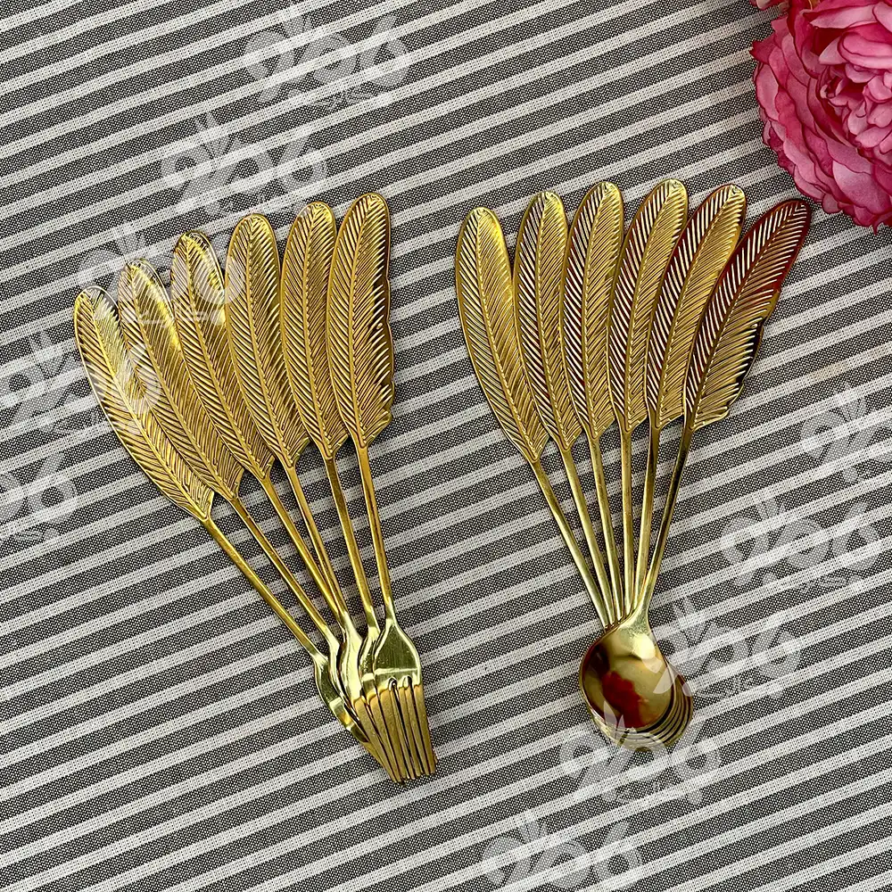 ست قاشق چنگال استیل طرح پر طلایی