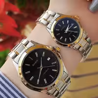 ست ساعت کاسیو بنداستیل دورنگ  نقره ای طلایی صفحه مشکی

