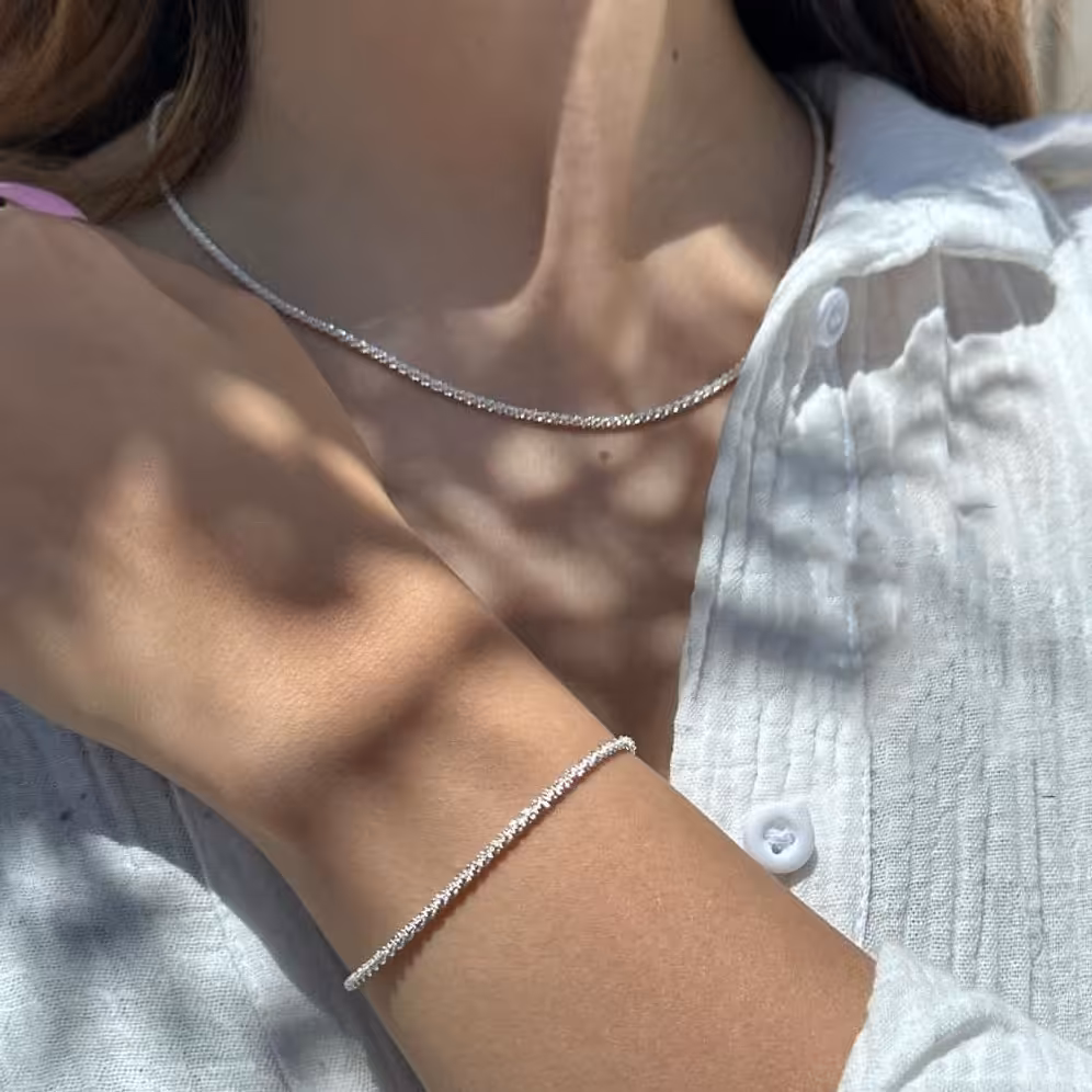 ست استیل خاویاری گردنبند دستبند پابند نقره ای زنانه