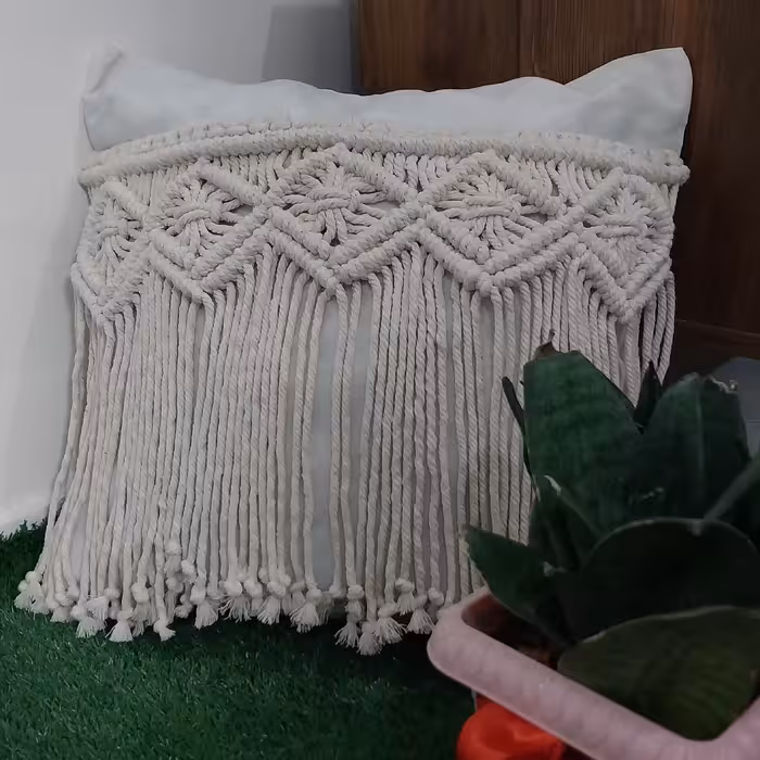 کوسن مکرومه کتان پنبه  شیری