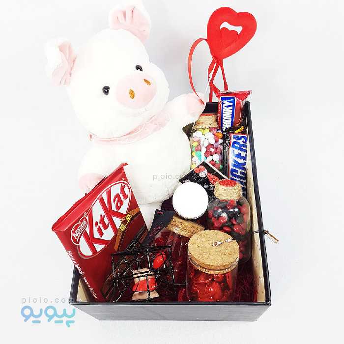 پکیج کادویی ولنتاین با عروسک خوک تپل دستمال گردنی 26 سانتی متری