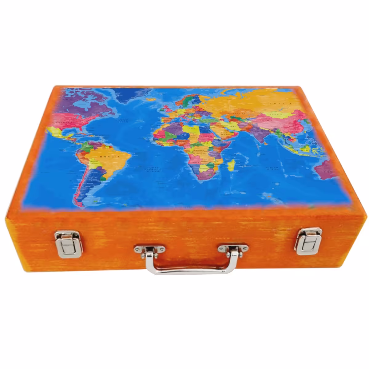 جعبه چوبی مدل چمدان بزرگ طرح  نقشه جهان 004