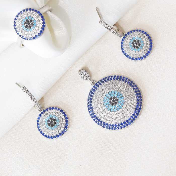 نیم ست نقره میکرو رنگی طرح چشم نظر  کد S-10202-13