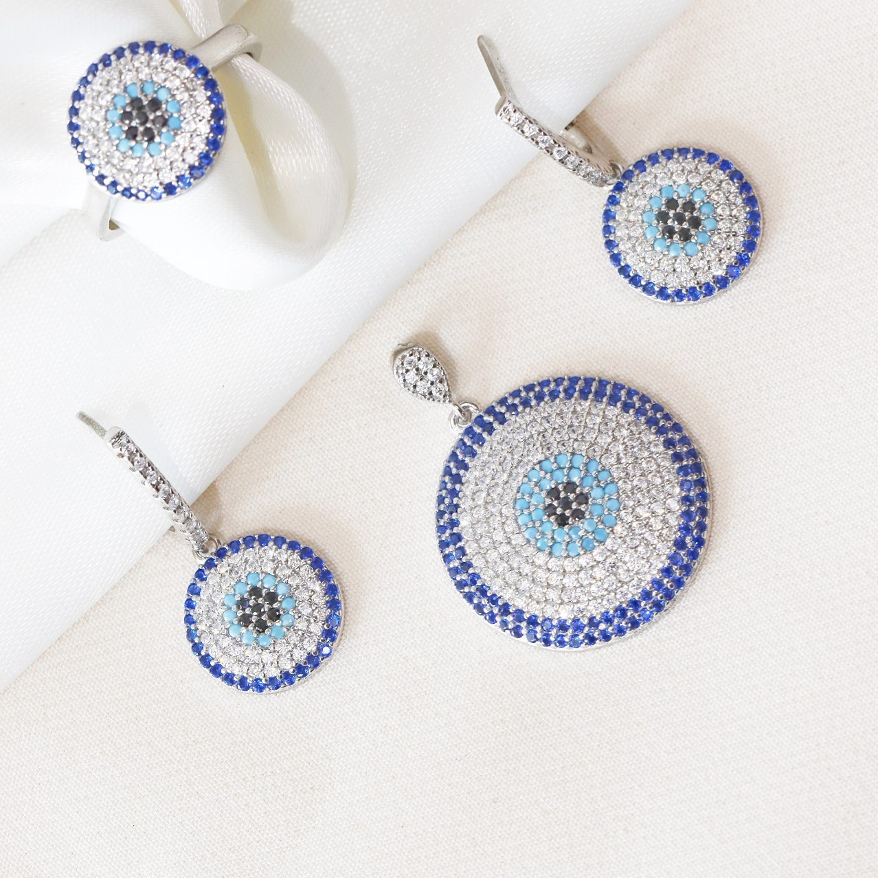 نیم ست نقره میکرو رنگی طرح چشم نظر  کد S-10202-13